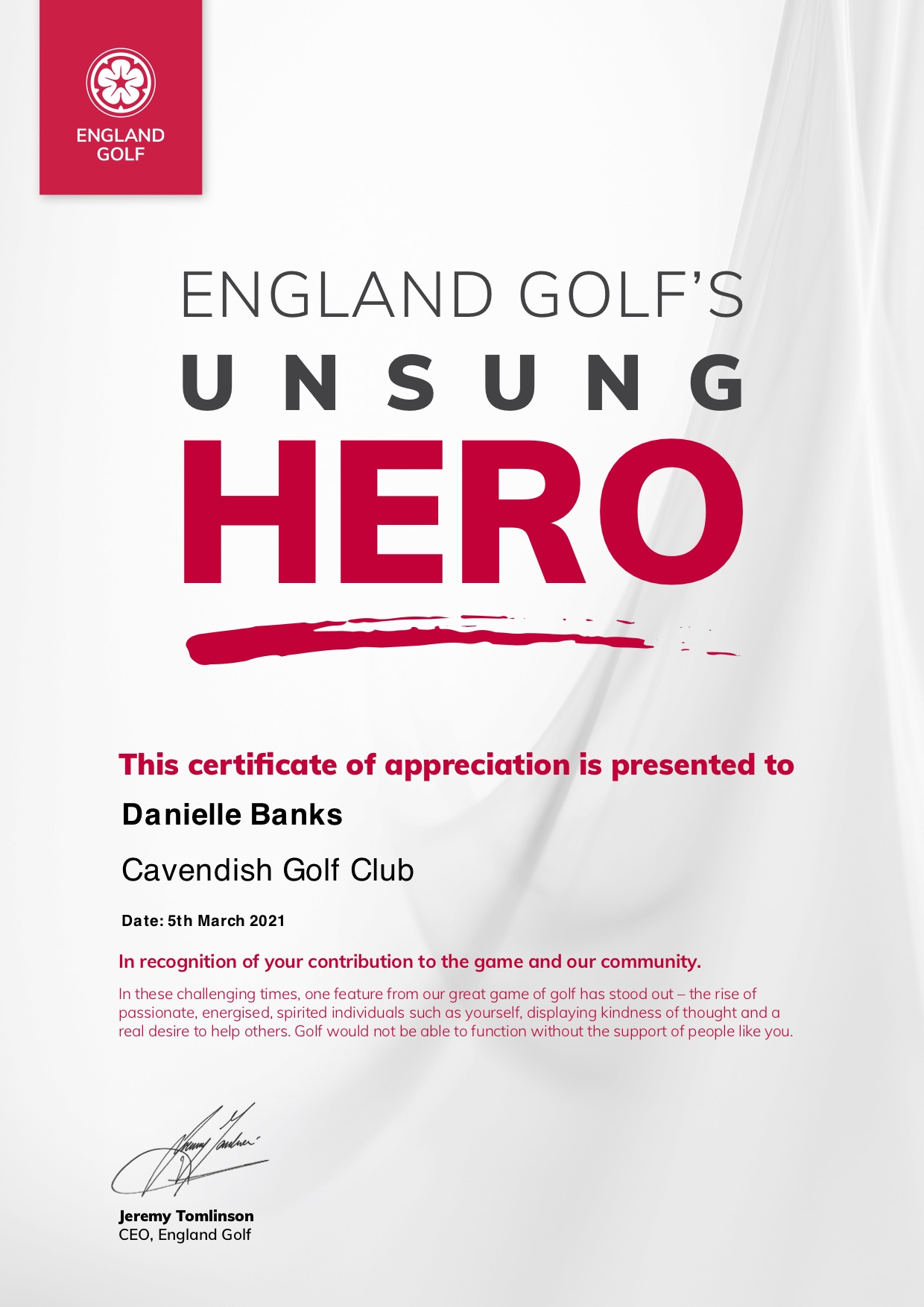 Cavendish GC Danielle Banks Unsung_Hero_Certificate